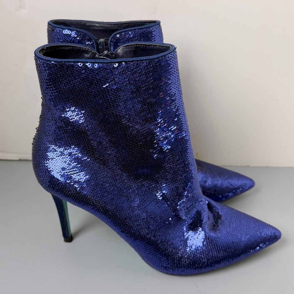 Betsey Johnson Blue Sequin Ankle Boots Pointed Toe Stiletto Heel Booties Womens